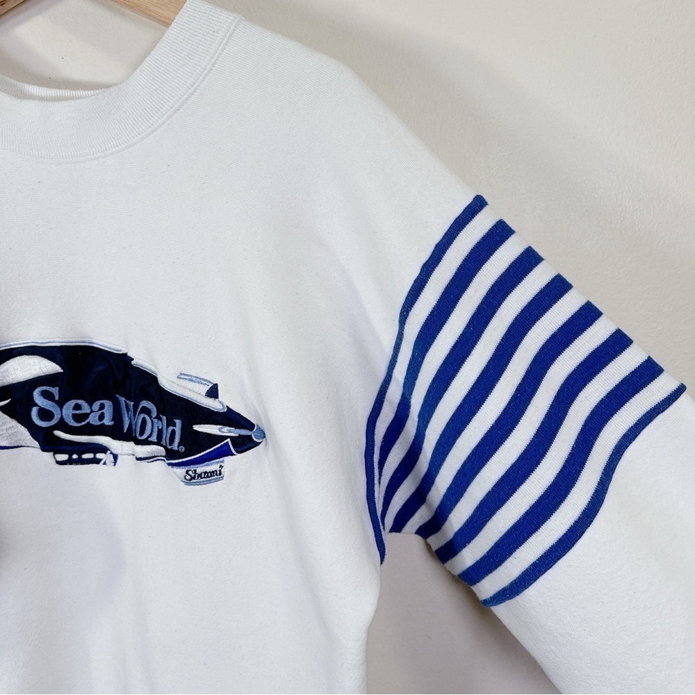 Jostens White Blue Striped Sea World Crew Neck Sweatshirt - Picture 7 of 16